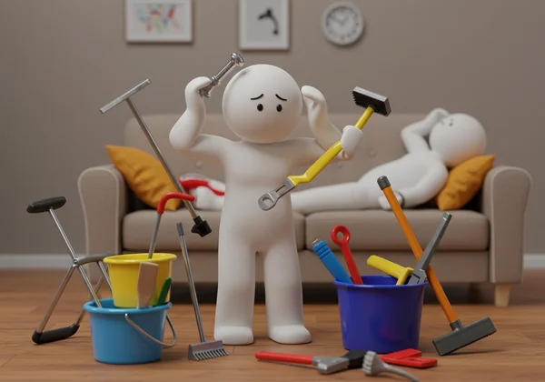 One partner stressed with tasks, the other relaxing
