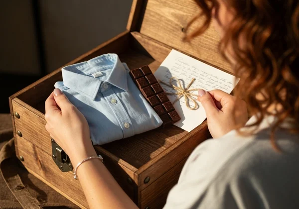 Hands packing a thoughtful care package for delivery.