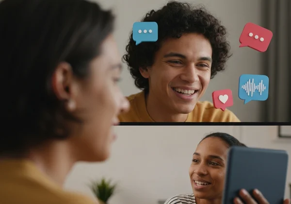 Person during a video call, surrounded by digital messages.
