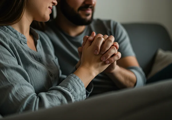 Couple holding hands and cuddling during an in-person LDR visit.