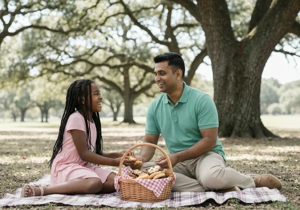 คู่รักเพลิดเพลินกับการปิกนิกในสวนภายใต้ท้องฟ้าที่สดใส