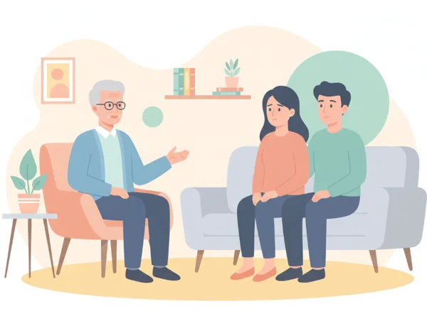 Portrait illustration of a counselor and couple