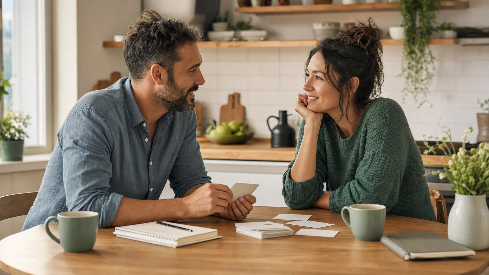 Couple talking over question cards