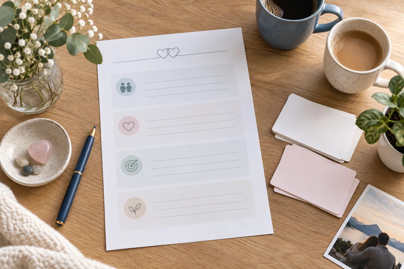 Calm desk with relationship notes